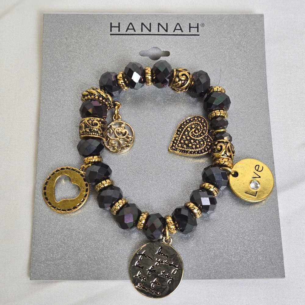 Hannah Beaded Heart Charm Stretch Bracelet Black Gold Tone New $24 MSRP